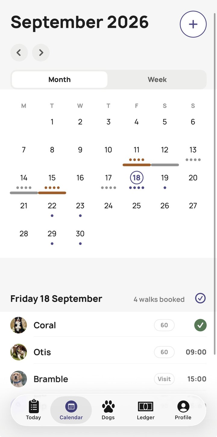 Hound-Up's Calendar screen, showing a month of booked walks