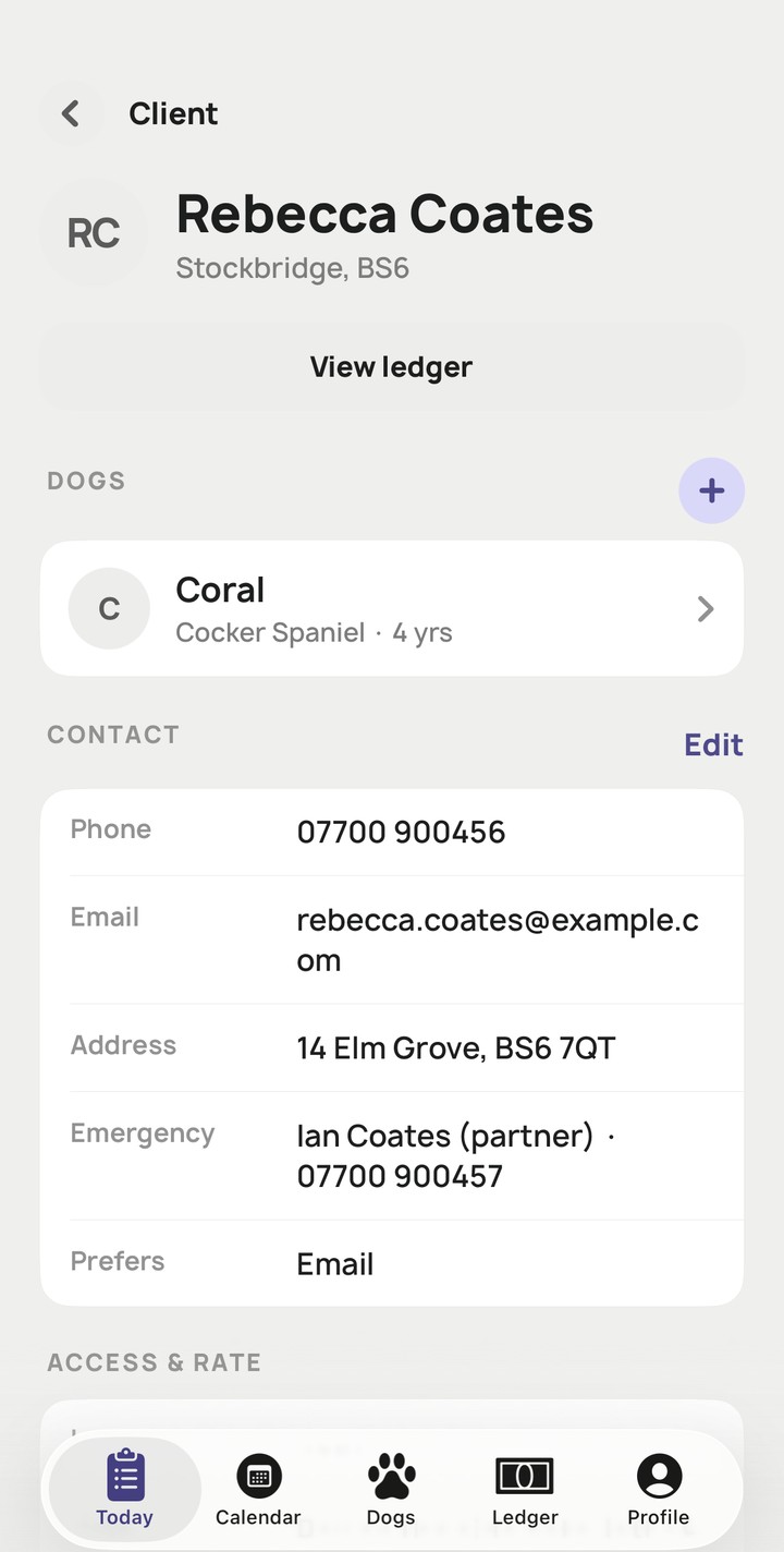 Hound-Up's Client screen, showing a client's contact details, dogs, and access instructions