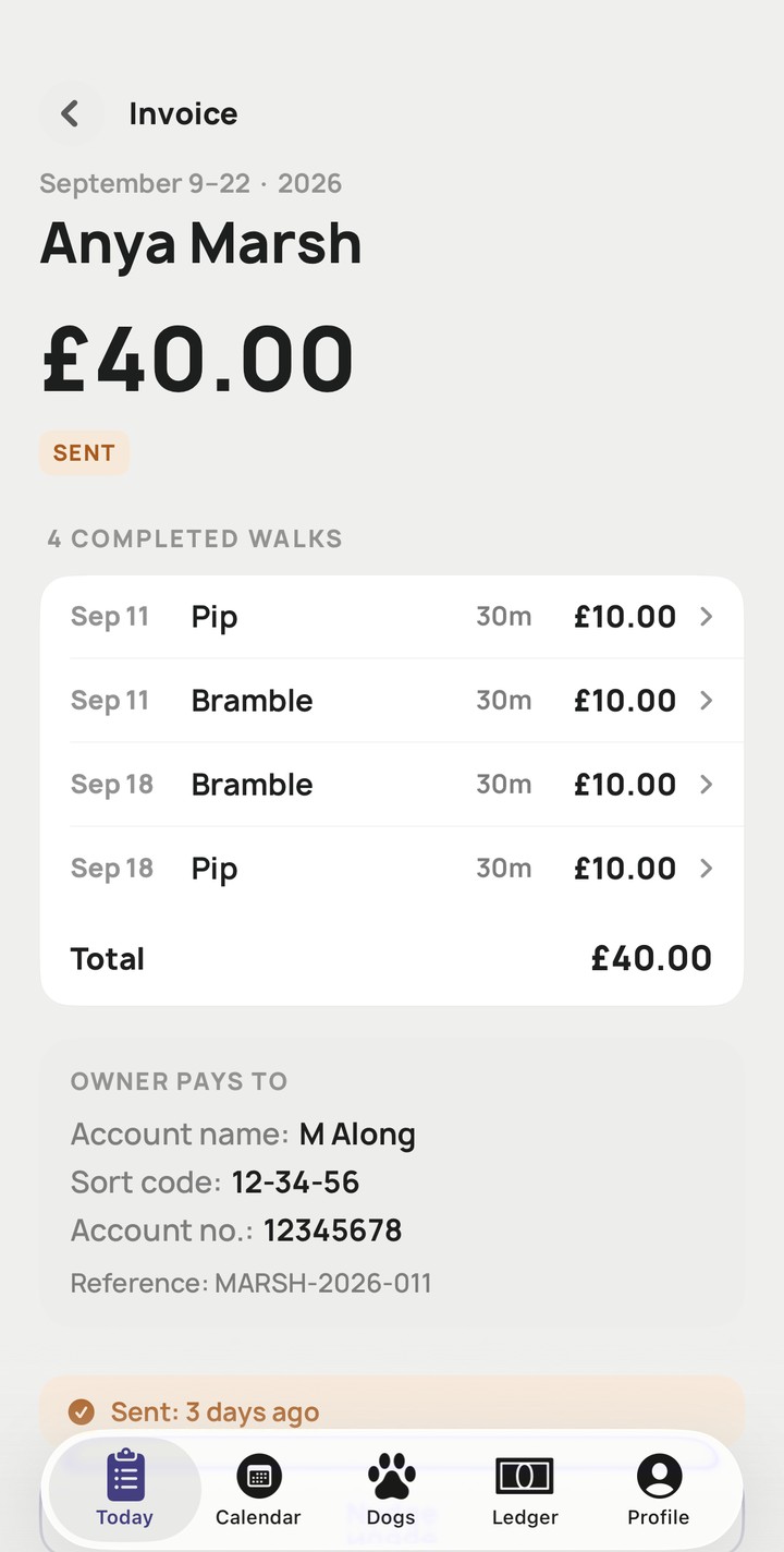 Hound-Up's Invoice screen, showing a sent invoice's walk-by-walk breakdown and payment status