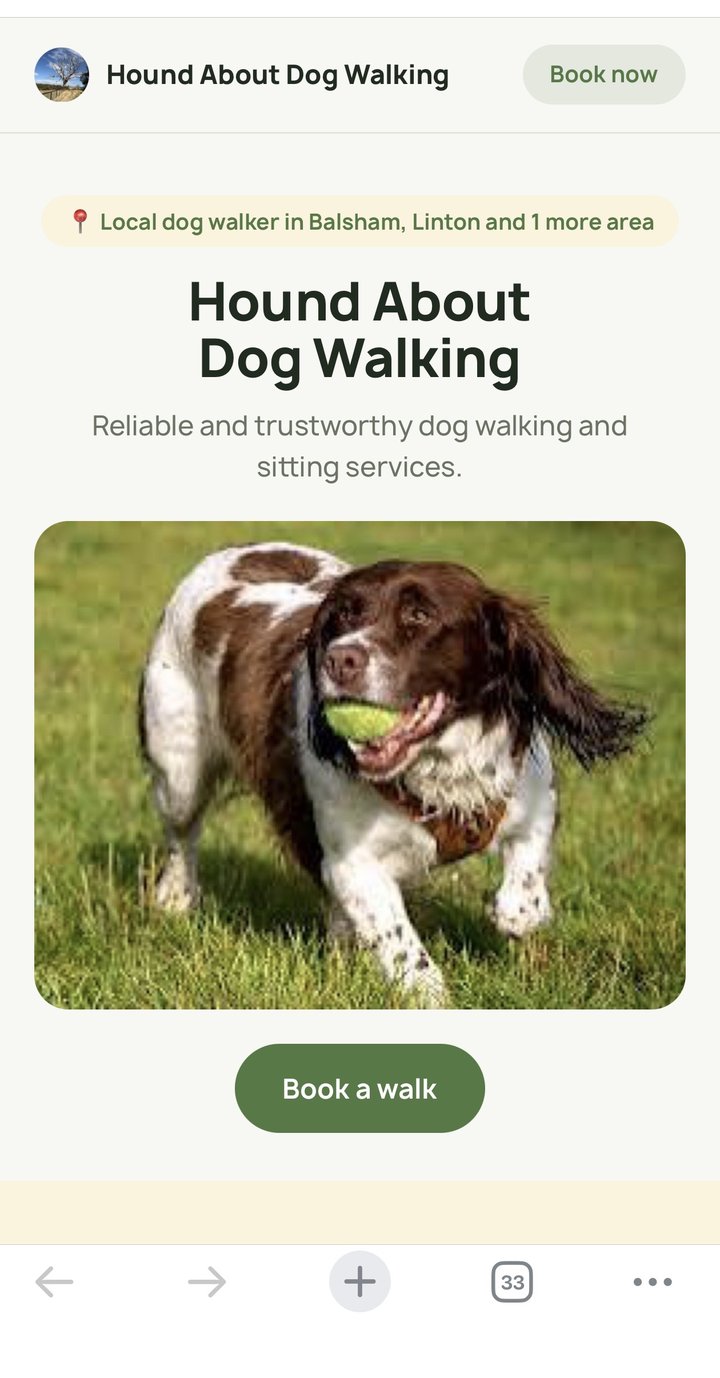 A real Hound-Up walker's own booking page, live on the web