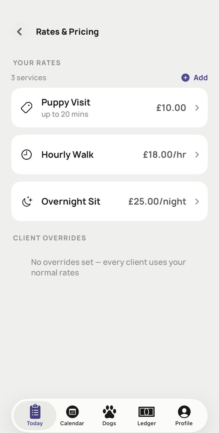 Hound-Up's Rates and Pricing screen, showing a walker's own priced services