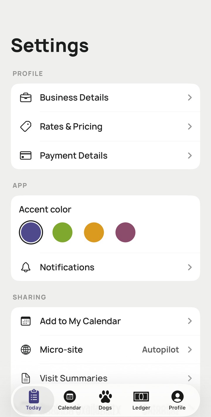 Hound-Up's Settings screen, showing the choice of accent colours