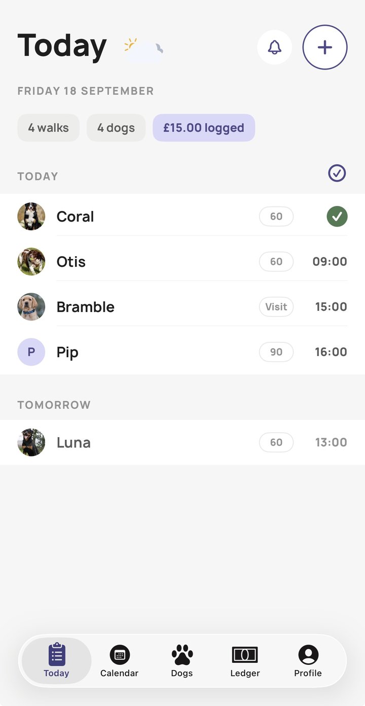 Hound-Up's Today screen, showing a walker's real bookings for the day